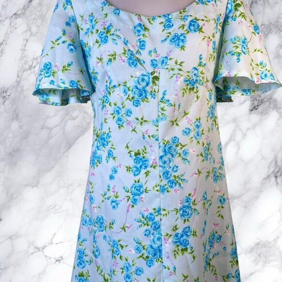 Handmade Vintage Baby Blue Rose Print Floral Prairie Empire Waist Dress - Picture 12 of 12